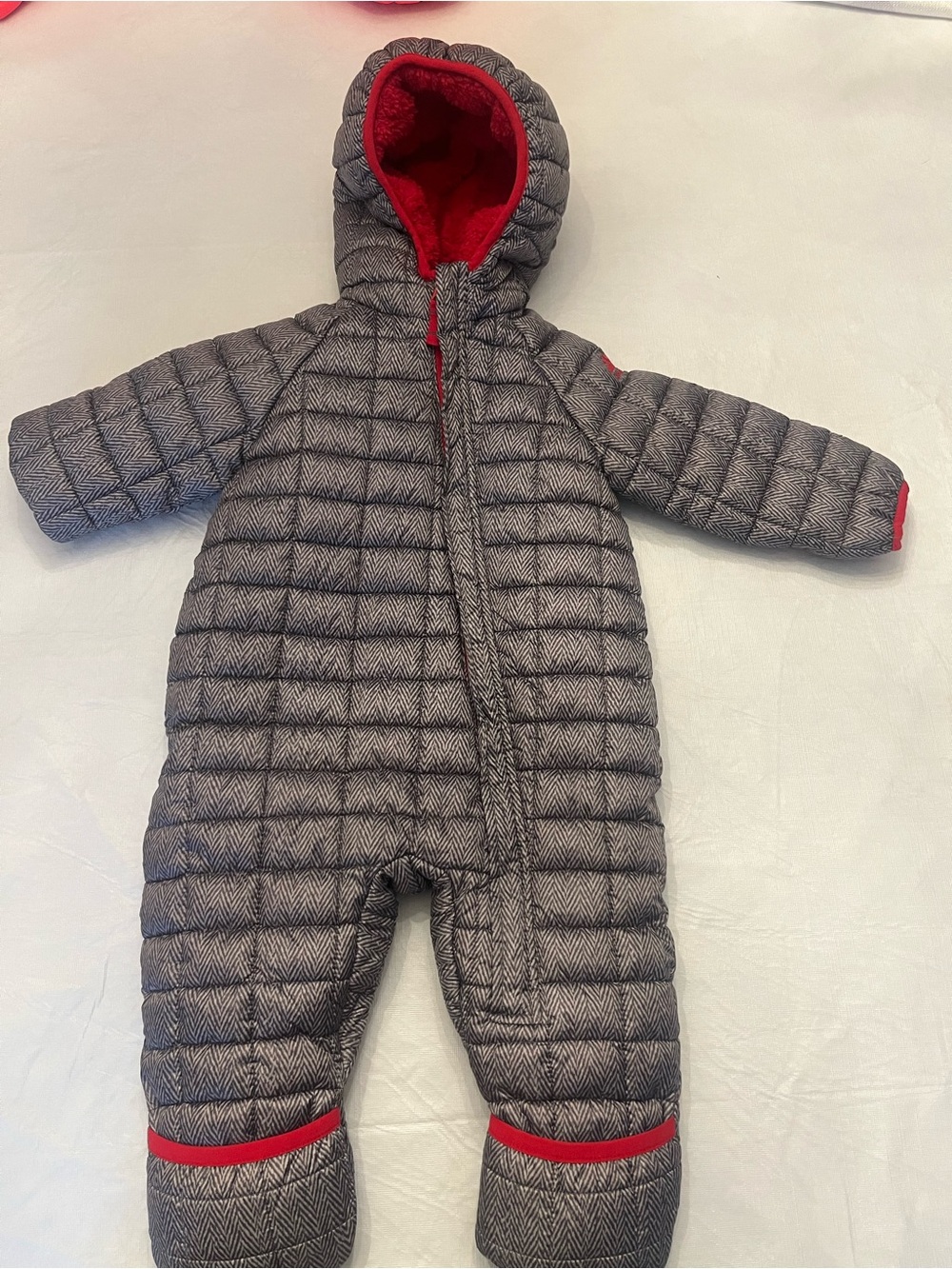 Snozu Gray Quilted Hooded Baby One-Piece with Red Lining